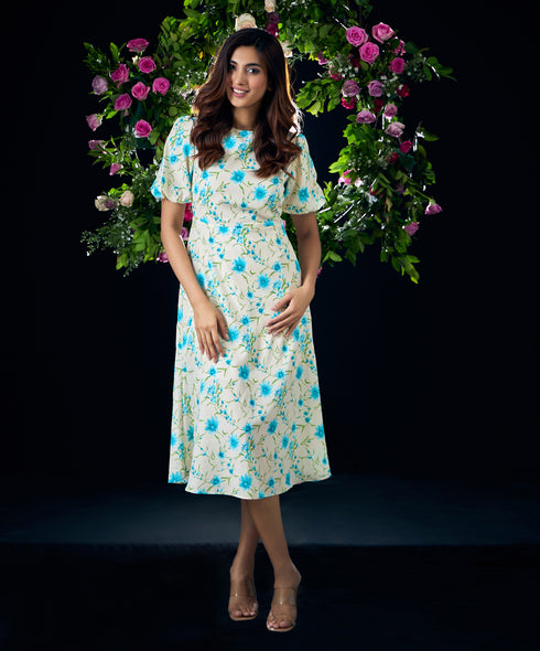 Baloon Sleeve Printed Midi Summer Dress